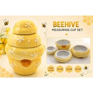 10 Strawberry Street Beehive Measuring Cup Set Yellow Ceramic Daisy Nesting 4 Pc